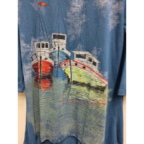 A Walk In The Park Womens Wearable Art Tunic Top Large Blue Ship Print Nautical - Picture 2 of 6